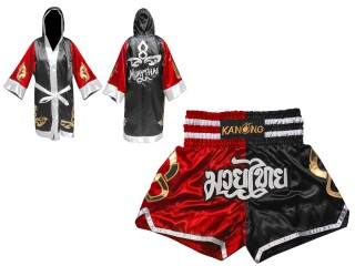 Muay Thai set - Custom Muay Thai Robe and Muay Thai Shorts : 143-Red-Black