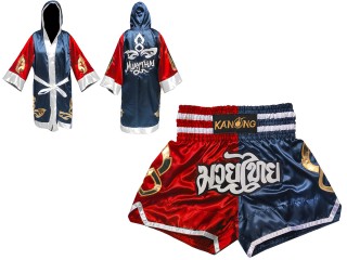 Muay Thai set - Custom Muay Thai Robe and Muay Thai Shorts : 143-Red-Navy