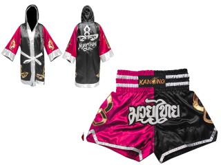 Muay Thai set - Custom Muay Thai Robe and Muay Thai Shorts : 143-Rose-Black