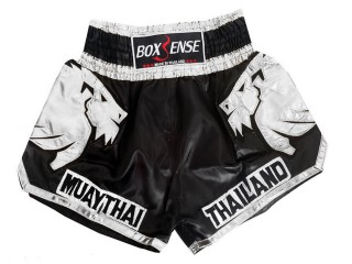 Boxsense Lion Muay Thai Shorts womens: BXS-303 Black-Silver Boxsense Lion Muay Thai Shorts womens: BXS-303 Black-Silver