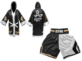 Boxing set - Custom Boxing Shorts and robe : KNCUSET-105-Black-White