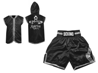Boxing Set - Customize Boxing Hoodies and Boxing Shorts : KNCUSET-008-Black-Silver