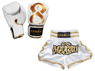 Kick boxing set - Boxing Gloves + Custom Kickboxing Shorts : Set-121-Thaikick-White