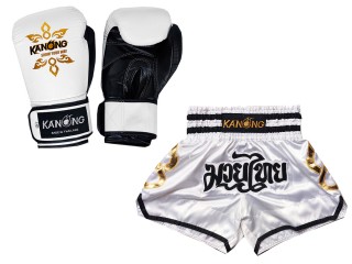 Muay Thai set - Boxing Gloves + Custom Muay Thai Shorts : Set-143-Gloves-White