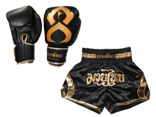 Muay Thai set - Boxing Gloves + Custom Muay Thai Shorts : Set-144-Gloves-Black-Gold