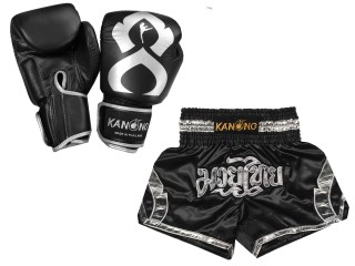 Muay Thai set - Boxing Gloves + Custom Muay Thai Shorts : Set-144-Gloves-Black-Silver