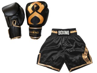 Real Leather Boxing Gloves + Customize Boxing Pants : KNCUSET-201 Black and Gold