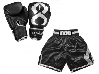 Real Leather Boxing Gloves + Customize Boxing Pants : KNCUSET-201 Black and Silver