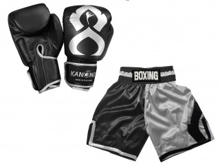 Real Leather Boxing Gloves + Customised Boxing Pants : KNCUSET-202 Black and Silver