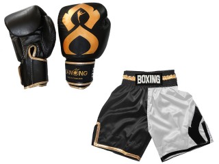 Real Leather Boxing Gloves + Custom Boxing Pants : KNCUSET-202-Black-White